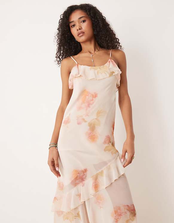 ASOS DESIGN Chiffon Ruffle Asym Hem Maxi Dress In Vintage Floral