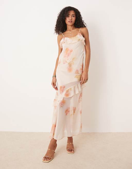 ASOS DESIGN chiffon ruffle asym hem maxi dress in vintage floral