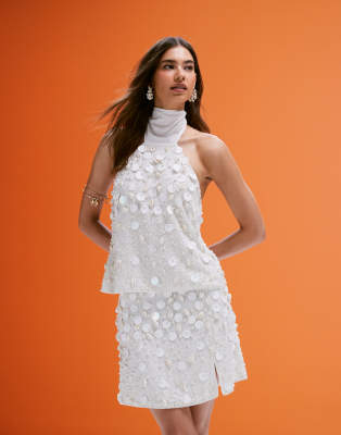ASOS DESIGN Co-ord Linen Blend Mini Skirt With Faux Shell And Sequin Embellishment In Cream