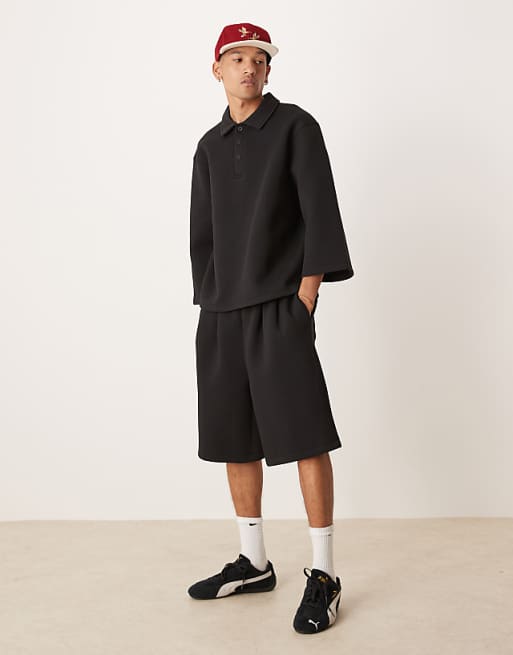 ASOS DESIGN Co-ord Oversized 3/4 Sleeve Scuba Polo Top In Black