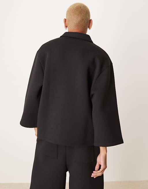 ASOS DESIGN Co-ord Oversized 3/4 Sleeve Scuba Polo Top In Black