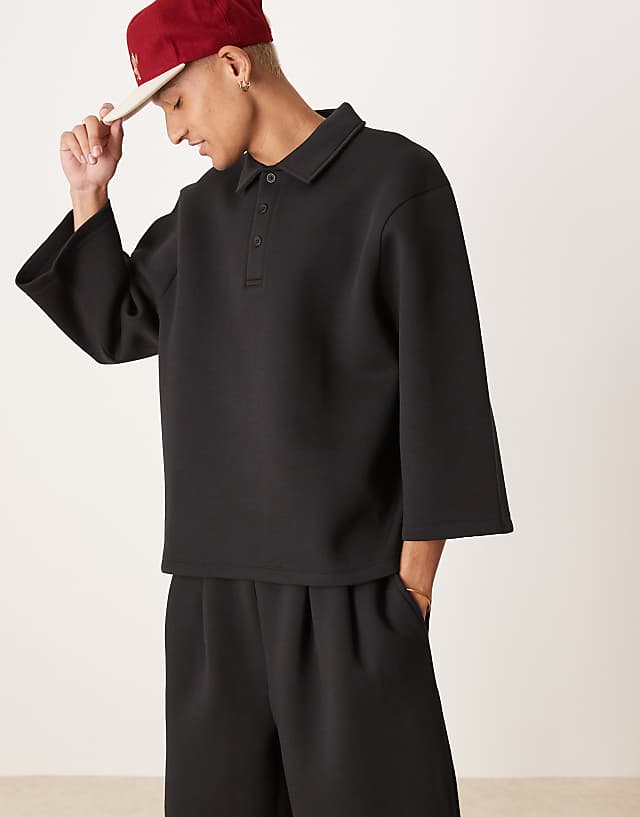 ASOS DESIGN co-ord oversized 3/4 sleeve scuba polo top in black
