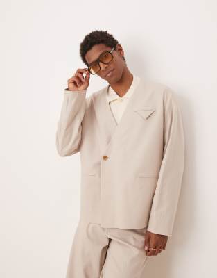 ASOS DESIGN Collarless Boxy Suit With Linen In Stone