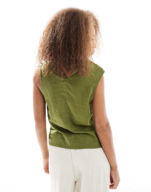 ASOS DESIGN Cowl Neck Sleeveless Top In Linen Blend In Khaki