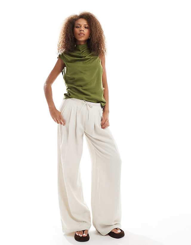 ASOS DESIGN Cowl Neck Sleeveless Top In Linen Blend In Khaki
