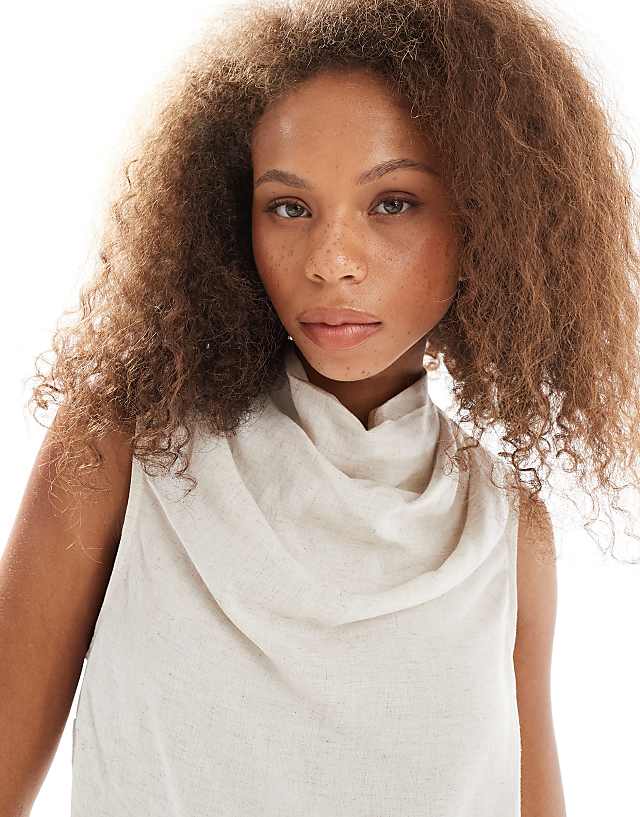 ASOS DESIGN Cowl Neck Sleeveless Top In Linen Blend In Stone