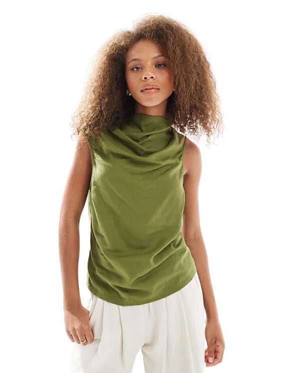 ASOS DESIGN cowl neck sleeveless top in linen blend in khaki