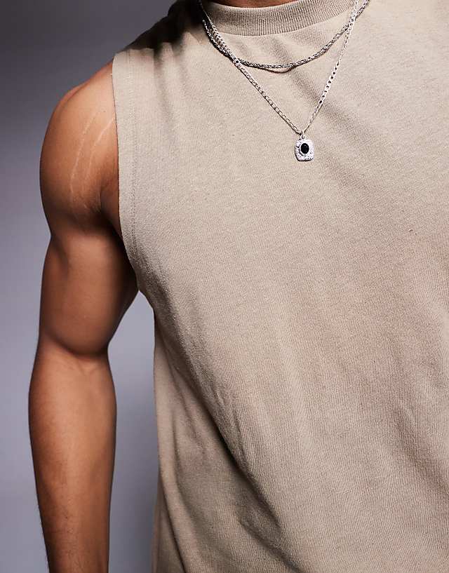 ASOS DESIGN Crew Neck Boxy Linen Mix Tank In Stone
