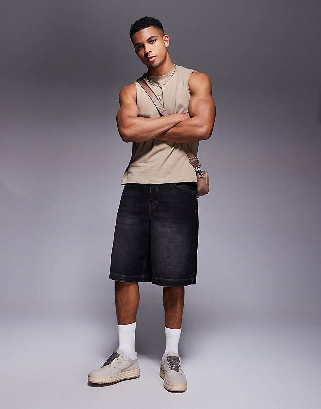 ASOS DESIGN Crew Neck Boxy Linen Mix Tank In Stone