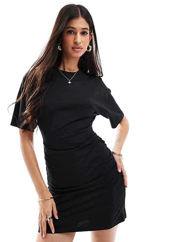 ASOS DESIGN Crew Neck Mini T-shirt Dress With Ruched Sides In Black