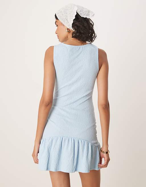 ASOS DESIGN Crinkle Texture Sleeveless Slash Neck Peplum Skirt Mini Dress In Blue