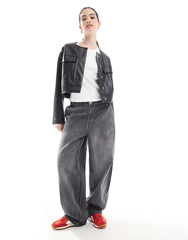 ASOS DESIGN Cropped Collarless Leather Look Jacket In Black