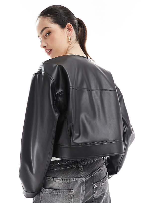 ASOS DESIGN Cropped Collarless Leather Look Jacket In Black