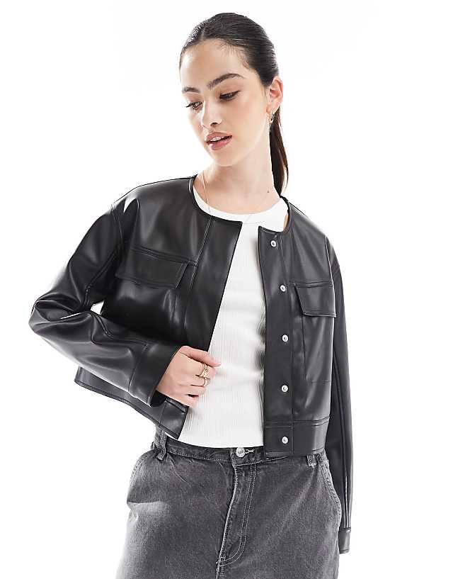 ASOS DESIGN cropped collarless leather look jacket in black