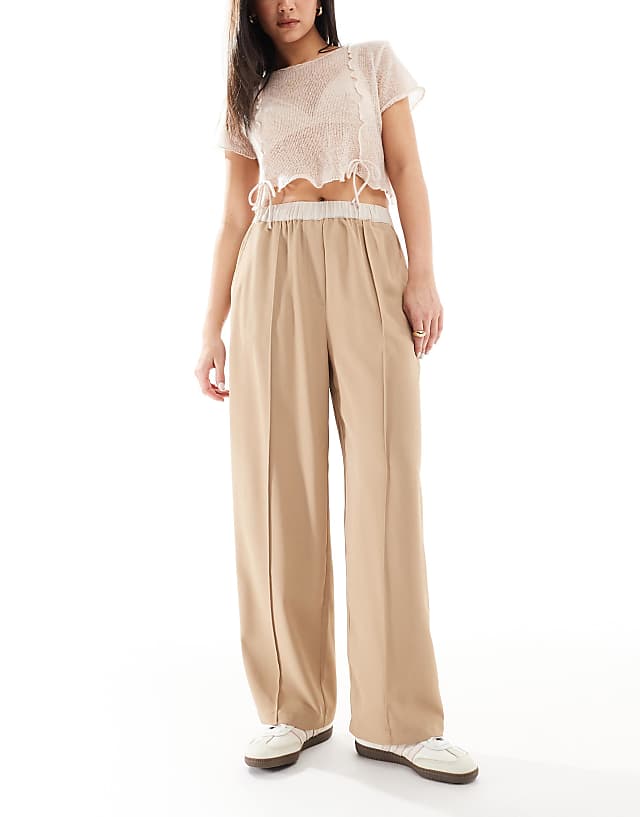 ASOS DESIGN cropped pull on trousers with contrast waist in camel