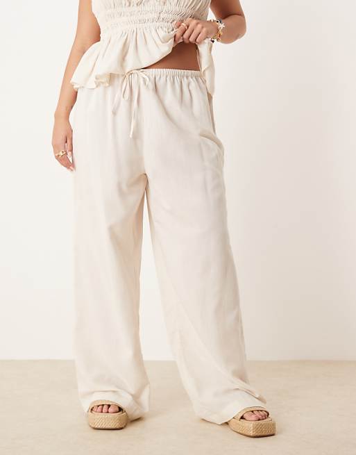 ASOS DESIGN Curve Belle Beach Wide Leg Trouser With Linen In Natural