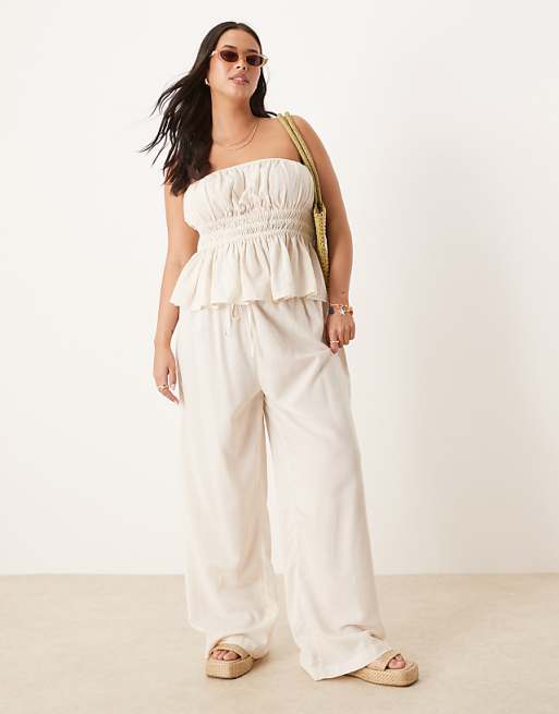 ASOS DESIGN Curve Belle beach wide leg trouser with linen in natural