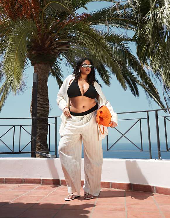 ASOS DESIGN Curve Belle beach wide leg trouser with linen in mono stripe