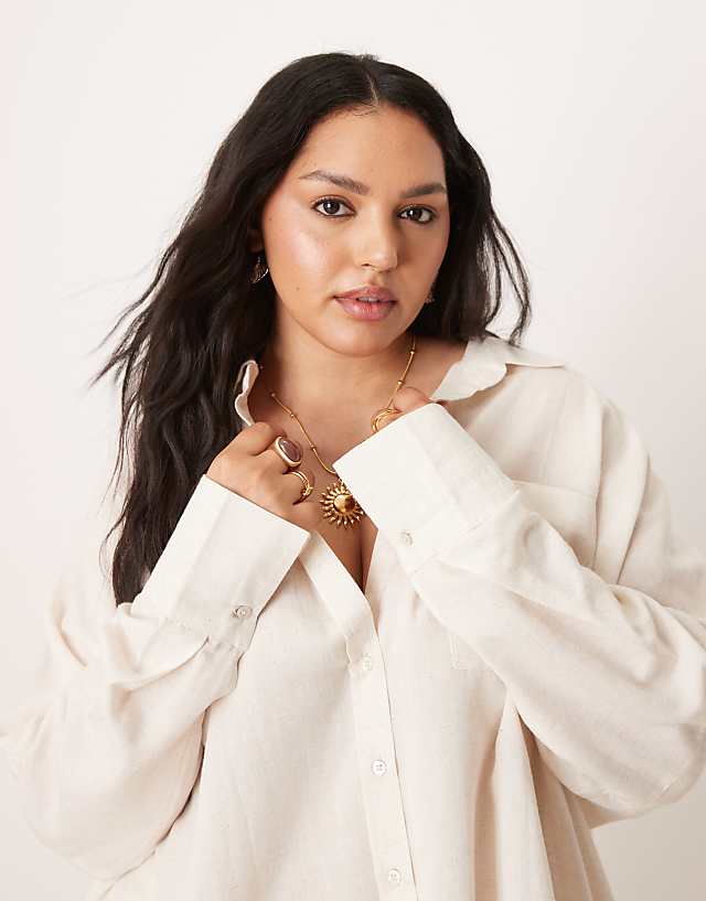 ASOS DESIGN Curve Belle Oversized Beach Shirt Coverup With Linen In Natural