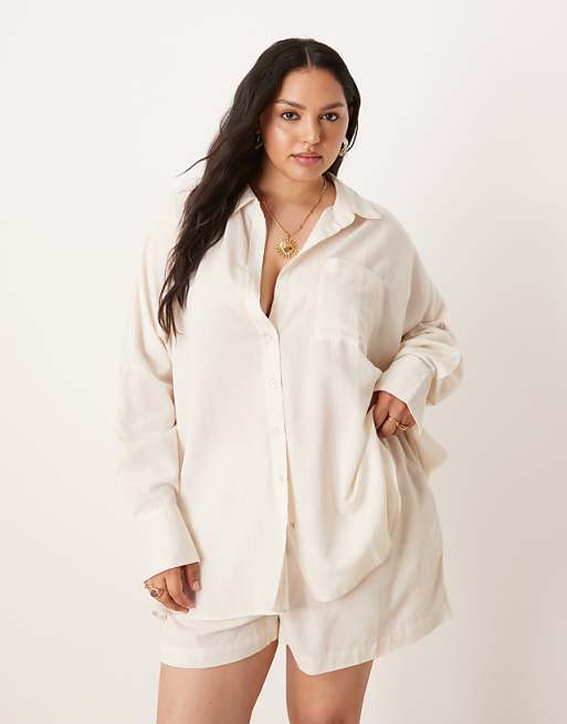 ASOS DESIGN Curve Belle oversized beach shirt coverup with linen in natural