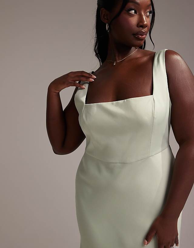ASOS DESIGN Curve Bridesmaid Satin Square Neck Maxi Dress In Light Green