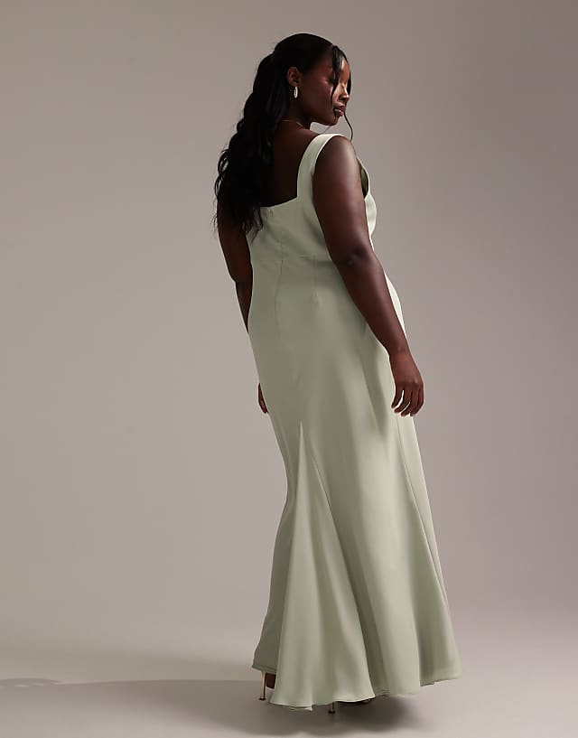 ASOS DESIGN Curve Bridesmaid Satin Square Neck Maxi Dress In Light Green