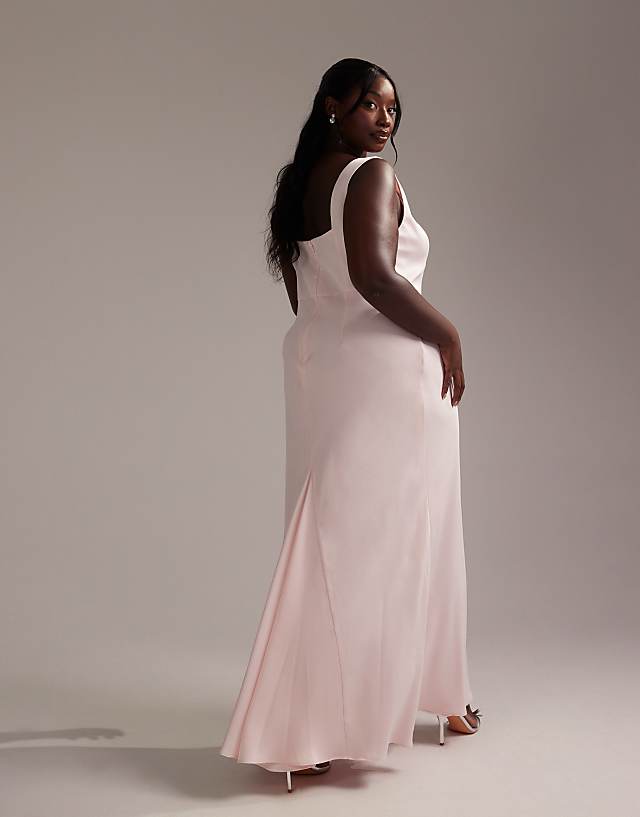 ASOS DESIGN Curve Bridesmaid Satin Square Neck Maxi Dress In Soft Pink