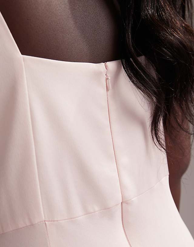 ASOS DESIGN Curve Bridesmaid Satin Square Neck Maxi Dress In Soft Pink