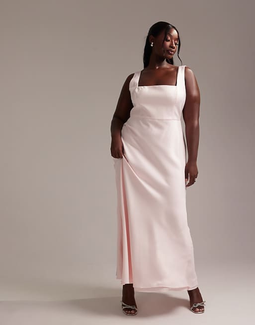 ASOS DESIGN Curve Bridesmaid Satin Square Neck Maxi Dress In Soft Pink