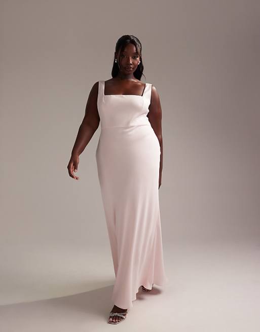 ASOS DESIGN Curve Bridesmaid satin square neck maxi dress in soft pink