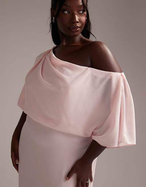 ASOS DESIGN Curve Bridesmaids Crepe One Shoulder Draped Maxi Dress In Soft Pink