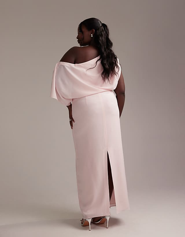 ASOS DESIGN Curve Bridesmaids Crepe One Shoulder Draped Maxi Dress In Soft Pink
