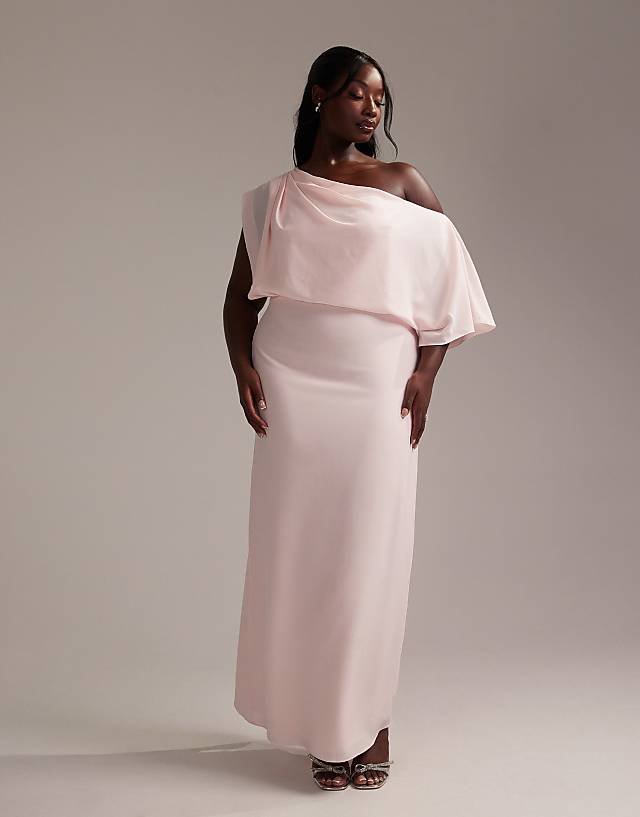 ASOS DESIGN Curve Bridesmaids Crepe One Shoulder Draped Maxi Dress In Soft Pink