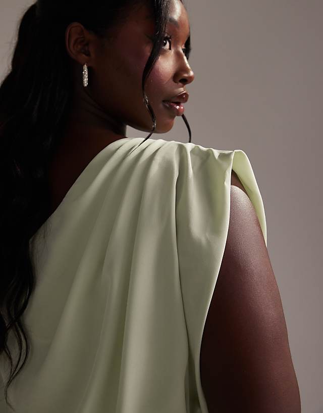 ASOS DESIGN Curve Bridesmaids Crepe One Shoulder Draped Maxi Dress In Light Green
