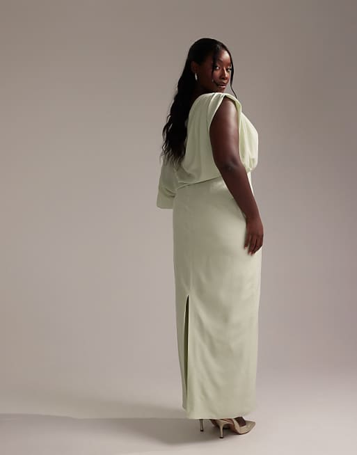 ASOS DESIGN Curve Bridesmaids Crepe One Shoulder Draped Maxi Dress In Light Green