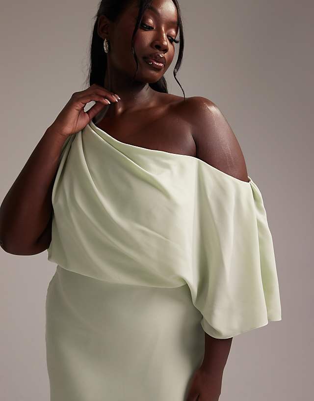 ASOS DESIGN Curve Bridesmaids Crepe One Shoulder Draped Maxi Dress In Light Green