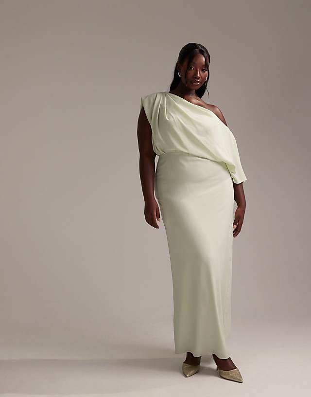ASOS DESIGN Curve Bridesmaids Crepe One Shoulder Draped Maxi Dress In Light Green