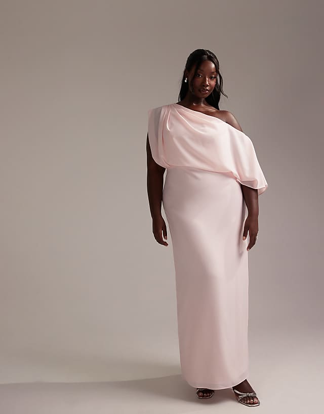 ASOS DESIGN Curve Bridesmaids crepe one shoulder draped maxi dress in soft pink