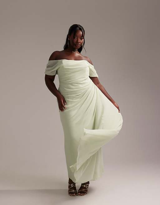 ASOS DESIGN Curve Bridesmaids draped bardot midaxi dress in light green