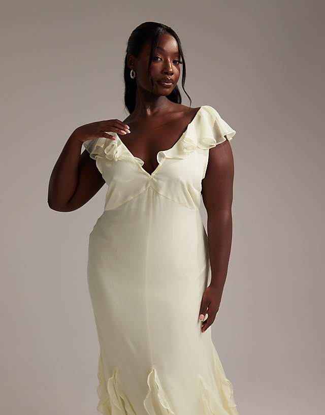 ASOS DESIGN Curve Bridesmaids Flutter Sleeve Bias Maxi Dress With Godet Frill Hem In Soft Yellow