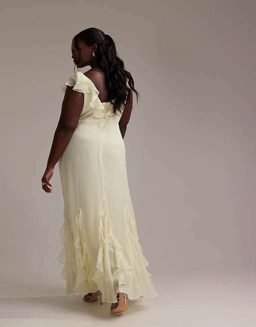ASOS DESIGN Curve Bridesmaids Flutter Sleeve Bias Maxi Dress With Godet Frill Hem In Soft Yellow