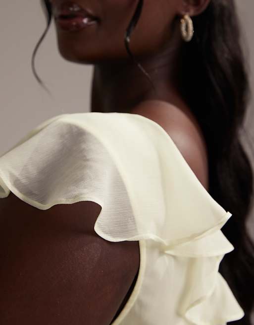 ASOS DESIGN Curve Bridesmaids Flutter Sleeve Bias Maxi Dress With Godet Frill Hem In Soft Yellow