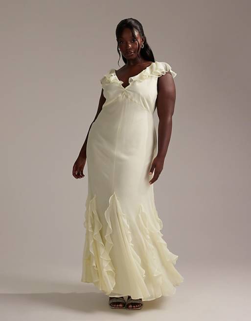 ASOS DESIGN Curve Bridesmaids Flutter Sleeve Bias Maxi Dress With Godet Frill Hem In Soft Yellow