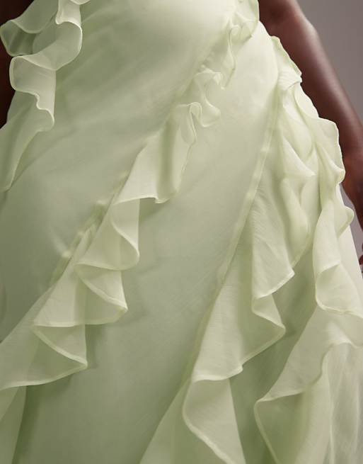 ASOS DESIGN Curve Bridesmaids Racer Neck Bias Ruffle Maxi Dress In Light Green