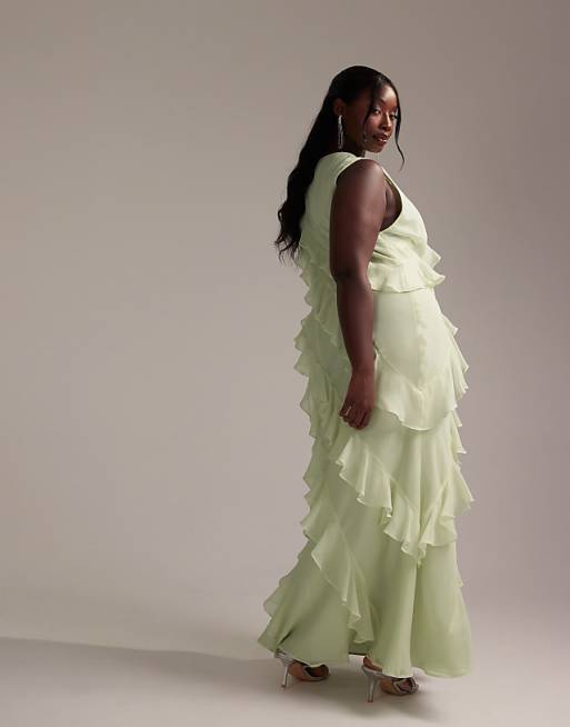ASOS DESIGN Curve Bridesmaids Racer Neck Bias Ruffle Maxi Dress In Light Green