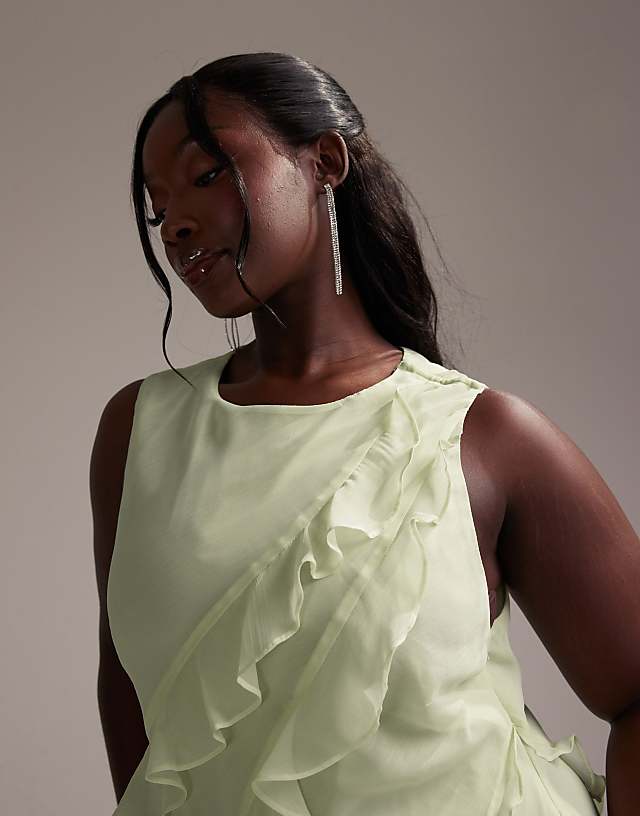 ASOS DESIGN Curve Bridesmaids Racer Neck Bias Ruffle Maxi Dress In Light Green