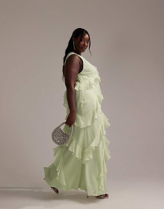 ASOS DESIGN Curve Bridesmaids racer neck bias ruffle maxi dress in light green