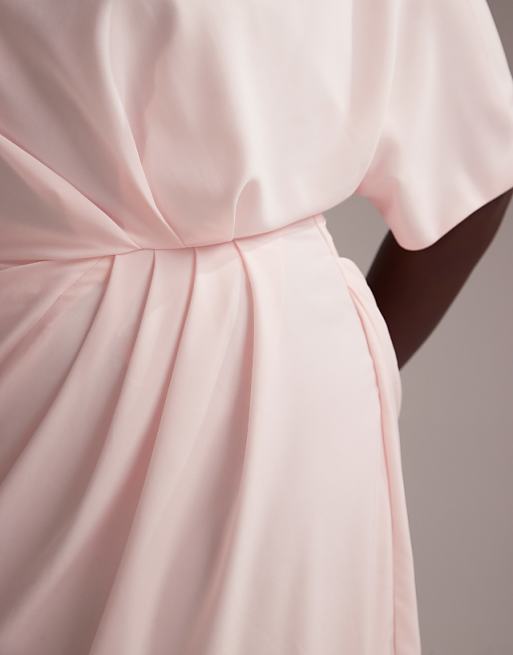 ASOS DESIGN Curve Bridesmaids Slash Neck Crepe T-shirt Sleeve Minimal Drape Maxi Dress In Soft Pink