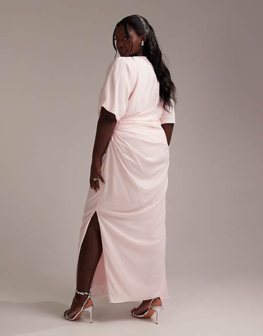 ASOS DESIGN Curve Bridesmaids Slash Neck Crepe T-shirt Sleeve Minimal Drape Maxi Dress In Soft Pink