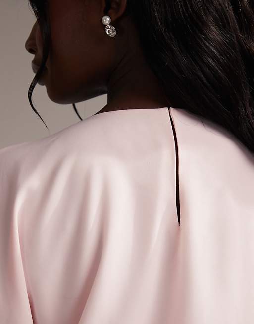 ASOS DESIGN Curve Bridesmaids Slash Neck Crepe T-shirt Sleeve Minimal Drape Maxi Dress In Soft Pink